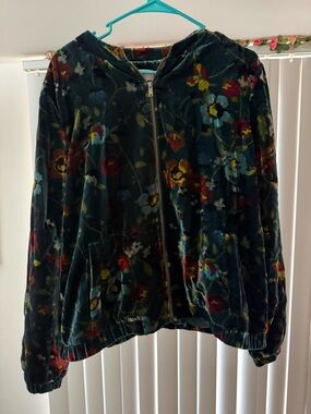 Velvet Floral Bomber Jacket LOFT Size XL Moody Botanical Vibes Zipper Jade Green